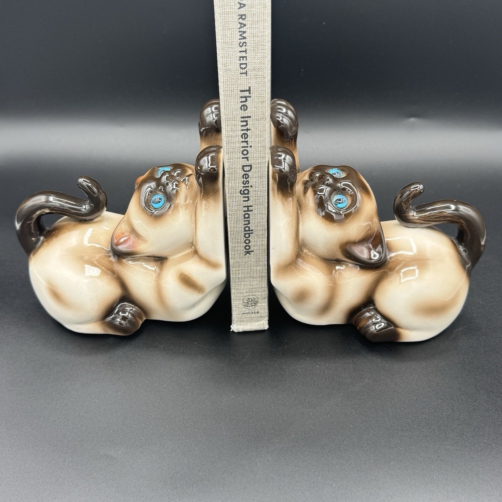 Vintage Enesco Siamese Cat Bookends Pair Blue Eyes Ceramic Korea MCM Kitsch